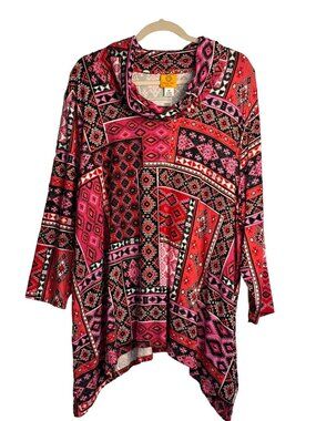 NWT Ruby Rd Womens 2X Cowl Neck Tunic Top 3/4 Sleeve Red Pink Stretchy 26"x28"